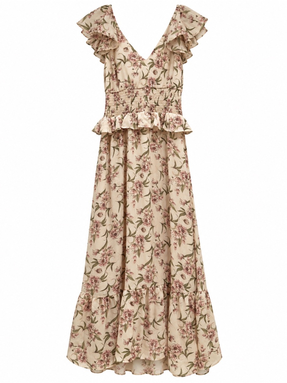 Astr Floral Ruffle Maxi Dress in Beige and Pink